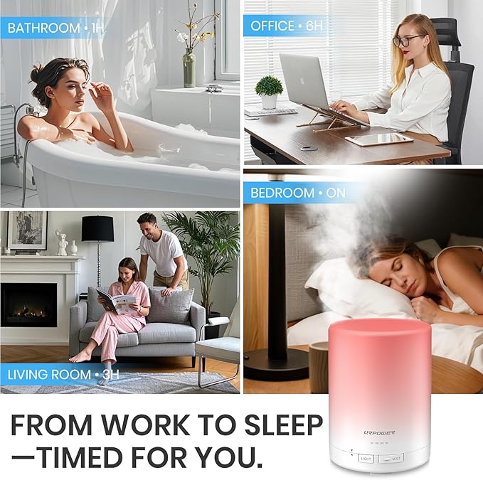 URPOWER 300ml Essential Oil Diffuser: Ultrasonic Aromatherapy Diffuser Quiet Auto Shut-Off, 4 Timer Settings(1H 3H 6H ON) & 7-Color Night Light Humidifier for Yoga Bedroom Living Room Office