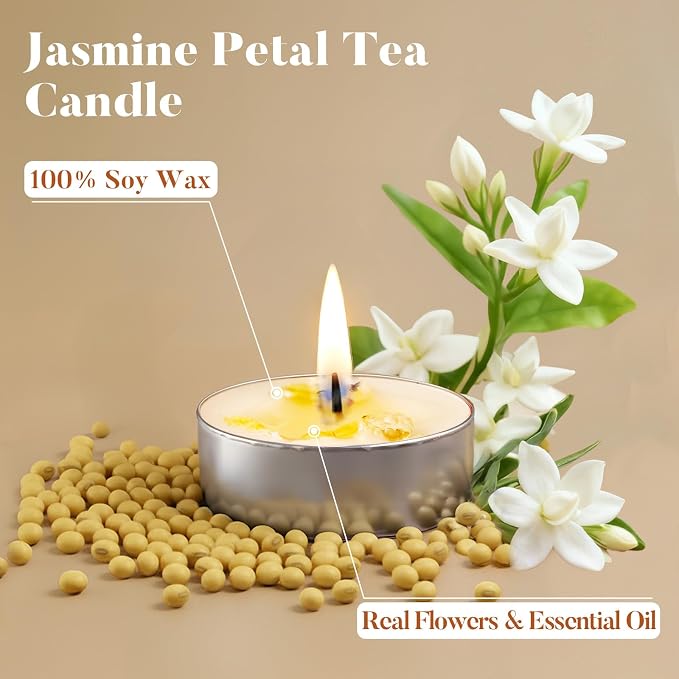 8 Pack Jasmine Tealight Candles, Petals-Infused with Real Jasmine, Natural Soy Wax 4-Hour Clean Burn, Smokeless for Relaxation, Wedding & Home Decor
