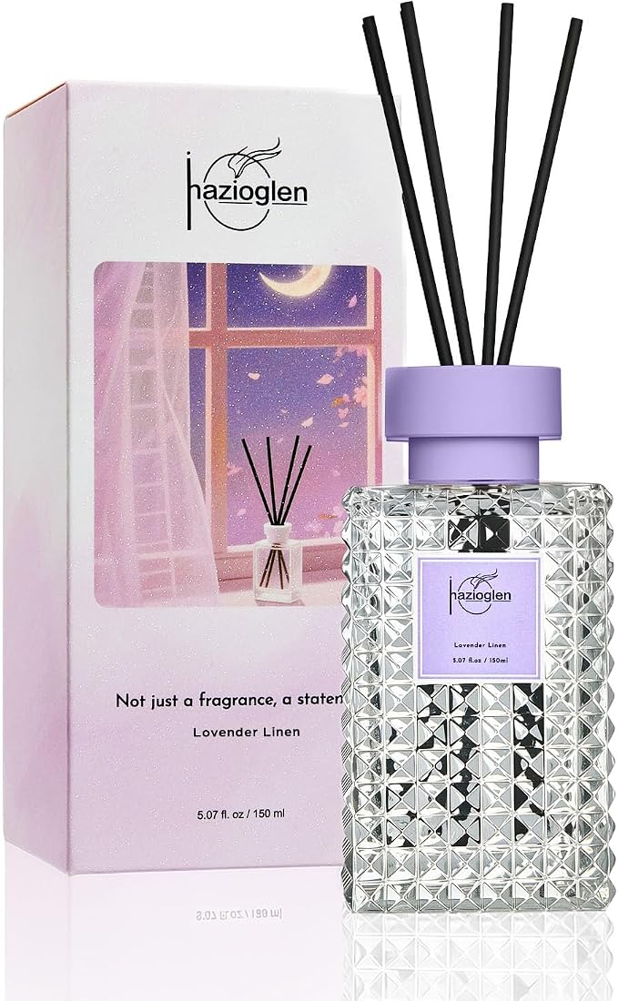 Reed Diffuser Set, Lavender Linen Scented Home Fragrance Air Freshener for Bathroom Shelf Decor, 5.07 fl oz/150ml Essential Oil with Sticks
