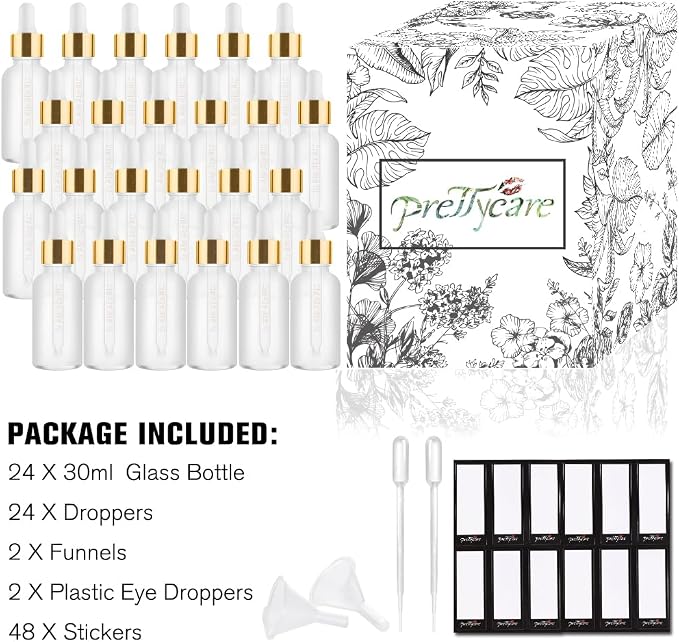 PrettyCare 1oz Glass Dropper Bottle Set of 24, Thick Rose Frosted Glass Bottles Empty with Leakproof Caps, Labels, Funnels - 30ml Eye Dropper Bottles for Storage, Travel, Essential Oils, Tincture