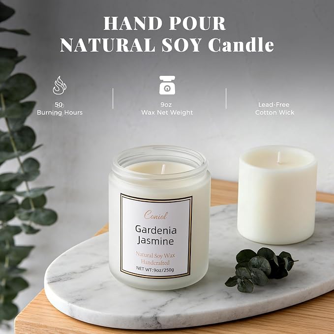 Gardenia Jasmine Strong Scented Soy Candle for Home,Non Toxic Natural Aromatheraphy Candles,50H Long Burning Smokeless Jar Candel, Home Fragance Gift for Stress Relief,Relax for Women Men(9oz)
