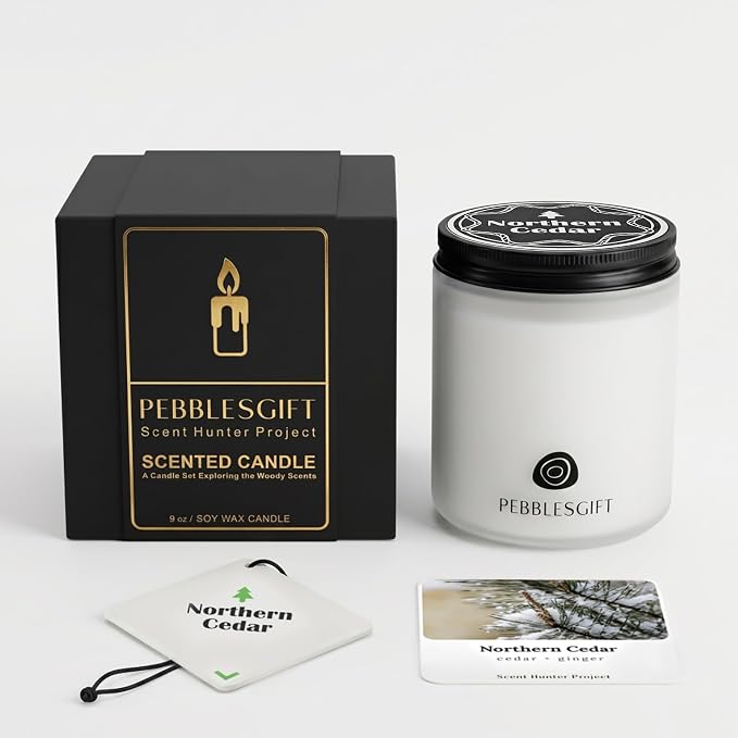 Northern Cedar Woody Scented Candle 9oz Soy Wax Frosted Glass Jar for Home Decor - Scent Hunter Scented Card Included - Ideal Gift for Self-Care & Relaxation for Men & Women Gift