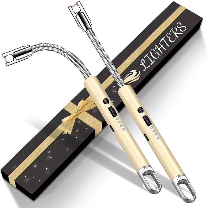 2 Pack Electric Candle Lighters, USB Rechargeable Lighter with Windproof Flameless & Extended Handle, Suitable for Candles, BBQ, Camping, Gas Stove, Festivals Gift (Gold, 2 Packs-A)