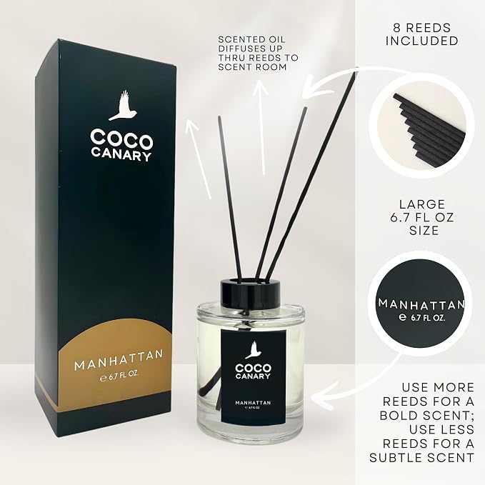 Coco Canary Reed Diffuser Set, 6.7 fl oz Home Fragrance - Manhattan - Long-Lasting Masculine Scent, Whiskey Cocktail Notes, Urban Sophistication