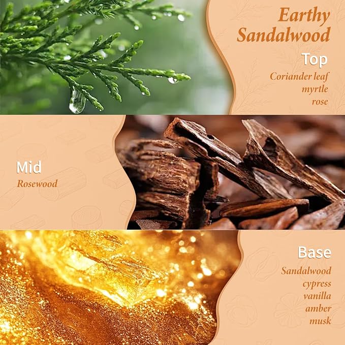 Sandalwood Reed Diffuser Set, Includes 10 Diffuser Sticks & Decorative Flower, Long Lasting Air Freshener for Bedroom Living Room, 5 fl.oz