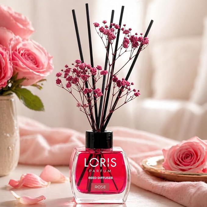 Loris Rose Reed Diffuser Set with Dried Flowers | Reed Diffusers for Home with Sticks | Bathroom Diffuser & Room Scent | Long-Lasting Home Fragrance | 120 mL / 4.06 fl oz