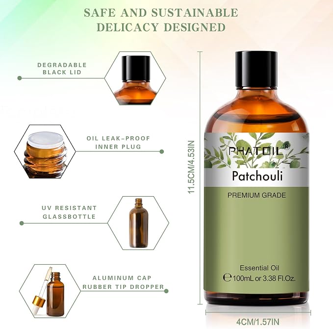 Patchouli 3.38fl.oz Essential Oil, PHATOIL Pure Aromatherapy Oils for Diffuser, Humidifier, Perfect for DIY Soap, Candle, Bath Bombs Making(100ml)