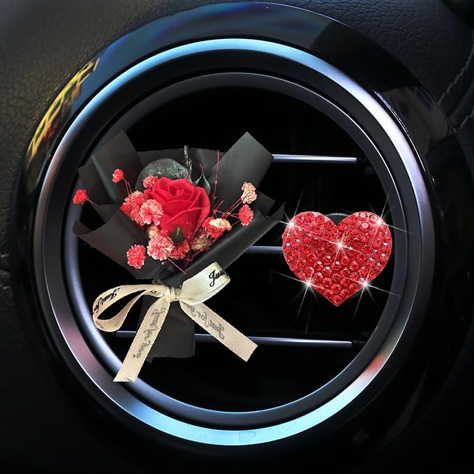 Mini Dried Flowers + Heart Car Vent Clips-Decorative Air Outlet Bouquets with Floral Scent,Fragrance Diffusers for Vehicle Interior Decor,Automotive Air Freshener Decorations (Red, Random fragrance)