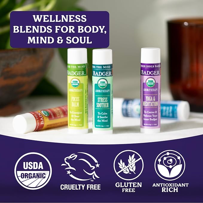 Badger Aromatherapy Travel Set, Organic Essential Oil Balm Variety Pack, Aromatherapy Gift Set, 1 Cheerful Mind, 1 Stress Soother, 1 Focus Balm, 1 Headache Soother, 1 Yoga & Meditation Balm, 5-Pack