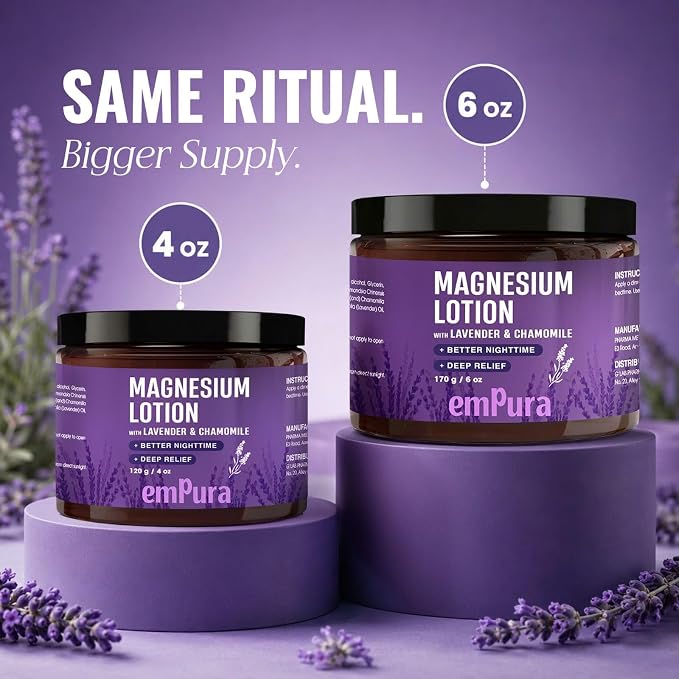 EMPURA Magnesium Lotion with Lavender & Chamomile – Fast Absorbing Magnesium Cream for Relaxation & Muscle Relief, Hand Leg or Foot Lotion, Self Care Gifts for Women, Relaxing Gifts for Women (6oz)