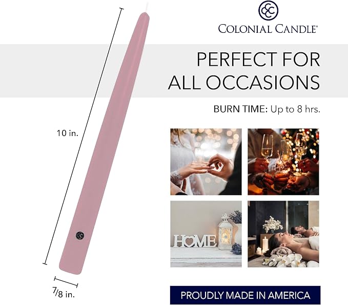Colonial Candle Valentines Day Candle, Unscented Pink Taper Candle, 10 inch, Pack of 2, Up to 8 Hour Burn - Made in The USA