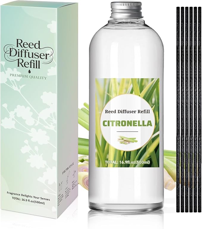 SCENTORINI Reed Diffuser Oil Refill, 16.9oz Citronella Scented Essential Oil with 6 Sticks, Summer Lemongrass Scent Home Fragrance for Large Space, Bathroom, Spa Room, Hotel, Patio, Outdoor, Office