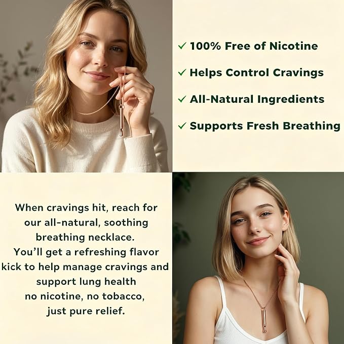 LAMKHOO Breathing Necklace to Quit Smoking and Vaping - Refillable Essential Oil Diffuser, Fidget Necklace for Anxiety Relief, Smokeless Inhaler with 4 Cotton Pods