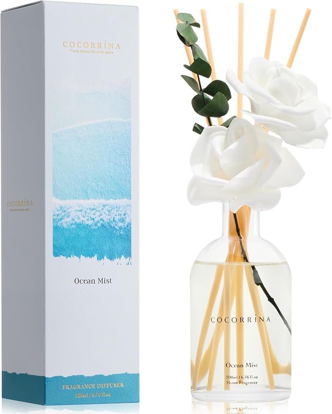 COCORRÍNA Reed Diffuser - Ocean Mist Scent, 6.76 fl oz Essential Oil with 8 Reed Sticks - Home Fragrance for Bedroom Bathroom Shelf Décor
