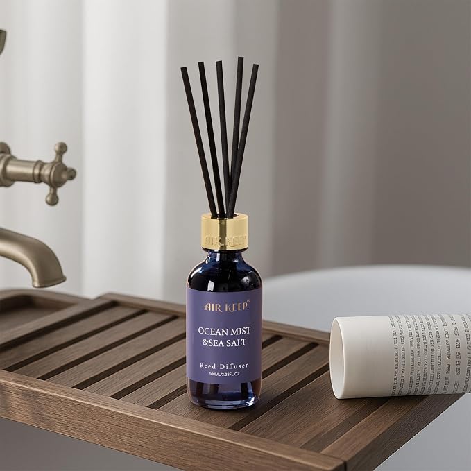 Airkeep Reed Diffuser Set, 3.38 fl oz (100 ml) - Ocean Mist&Sea Salt Oil Diffusers with 8 Reed Sticks, Home Fragrance Reed Diffuser for Bathroom Shelf Decor