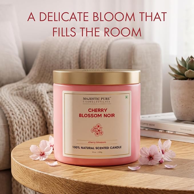 Majestic Pure Candle Cherry Blossom, Natural Scented, 10oz | Large Jar, 45+ Hours Burn Time, Giftable