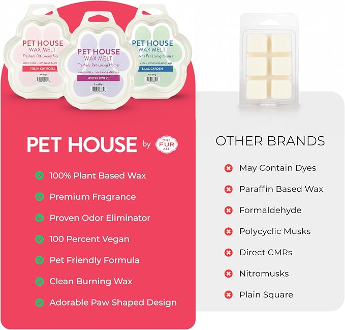 One Fur All Pet House Spring and Summer Wax Melts for Pet Odor, Natural, Plant Based Soy Wax Melts, Long Lasting Fragrance for Fresh Smelling Homes, Fresh Cut Roses