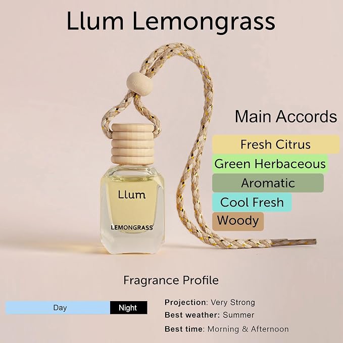 Llum Lemongrass Hanging Car Air Freshener – Luxury Automotive Perfume Diffuser 10ml (0.34 fl oz), Long-Lasting Fragrance, Alcohol-Free Non-Toxic Car Scent, Glass Bottle With Wood Cap