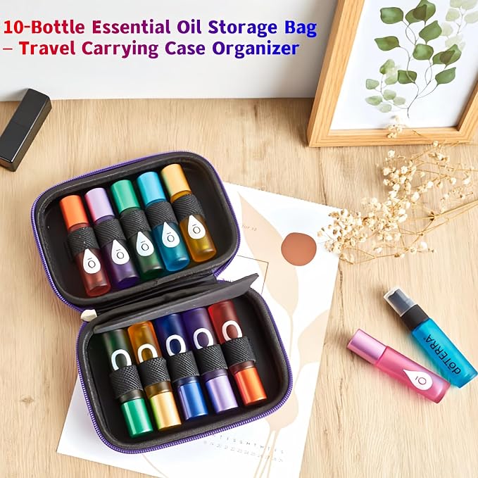 Essential Oil Carrying Case Organizer Holds 10 Bottles (5ml/10ml/15ml)Standard & Rollers Bottles,EVA Hard Shell Roller Bottles Travel Organizer,Portable Essential Oil Travel Case with Zipper