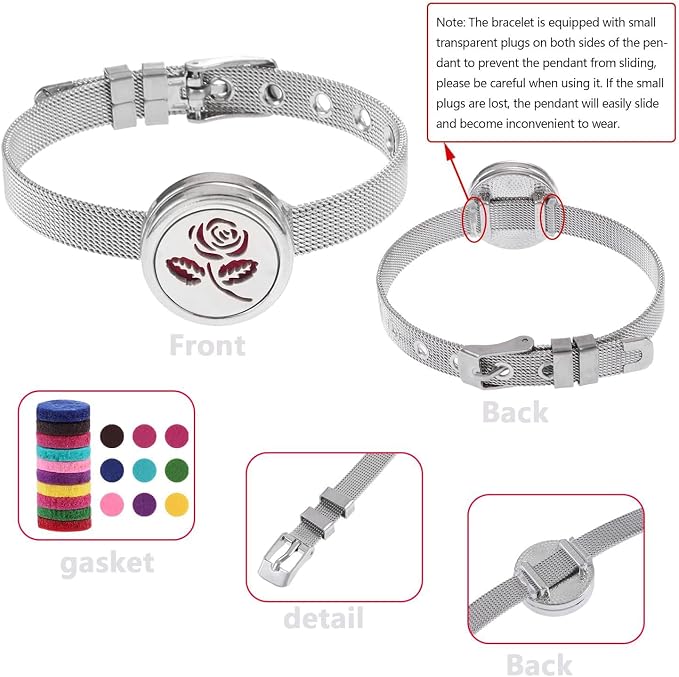 Essential Oil Diffuser Bracelet with Gift Box Aromatherapy Locket Adjustable Stainless Steel Rose Watch Chain Bracelet with 10 Pcs Refill Pads for Women