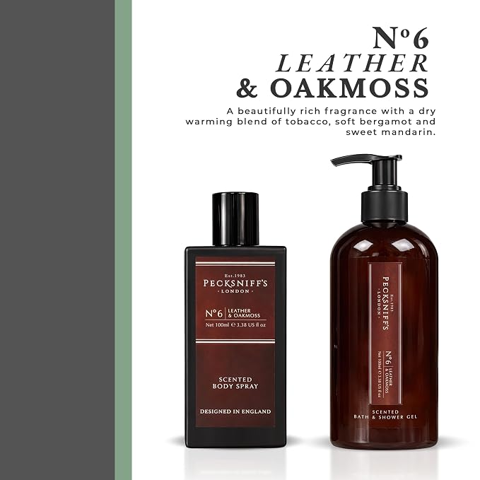 Pecksniff’s Men’s Body Duo Set – Leather & Oakmoss Scented Bath & Shower Gel 250ml & Body Spray 100ml – Luxury Grooming Gift Set for Him