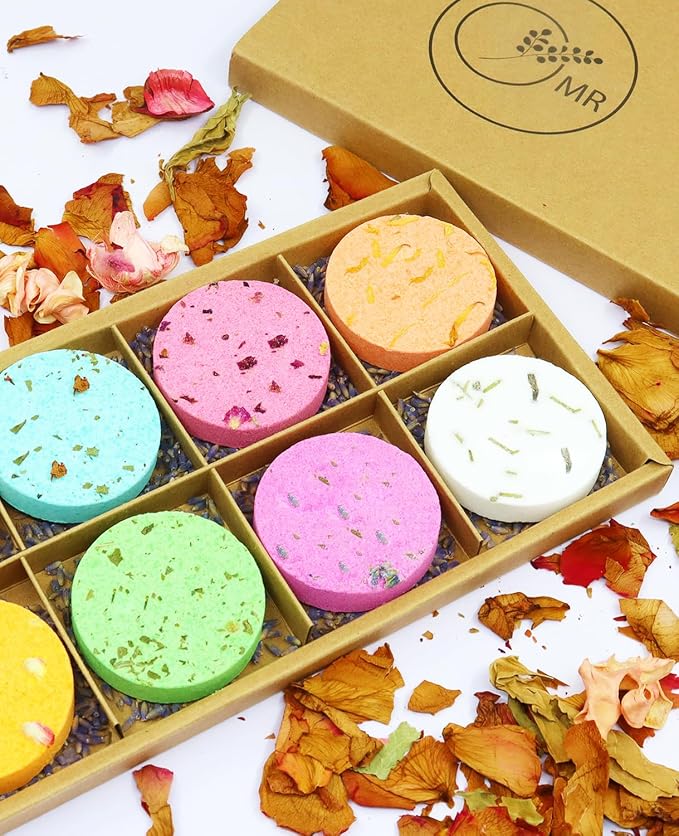 Shower Steamers Aromatherapy - 8 Pack Organic Shower Bombs with Shower Steamer Tray/Holder, Self Care Natural Essential Oil, Stress Relief Shower Bombs, Fathers Spa Gifts for Men, Dad, Husband