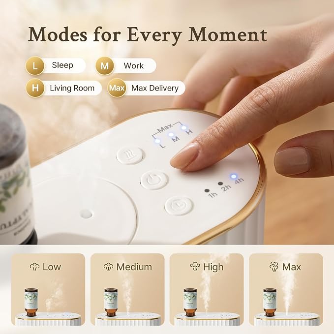 Waterless Diffuser for Home Essential Oil Diffuser, Wireless Aromatherapy Diffuser with 4 Mist Levels, 3 Time Setting, Portable Aroma Diffuser, Mini Home Fragrance for Bedroom, Office, Studio