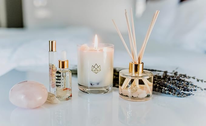 Luxury Glass Jar Candle, 14.5 OZ, Sleep - Rose Quartz Crystal Infused - Scents of Rose, Lavender, and Vanilla - Tranquility, Love, & Comfort - Coconut Wax, Valentine's Day Gift