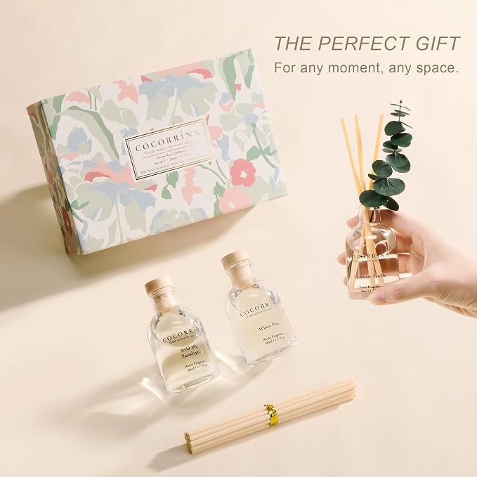 COCORRÍNA Eucalyptus Reed Diffuser Set of 3 - Wild Mint & Eucalyptus, White Pine, Cashmere Vanilla Scents, 1.7 fl oz Each, Total 5.1 oz, Scented Oil Diffusers for Home & Office