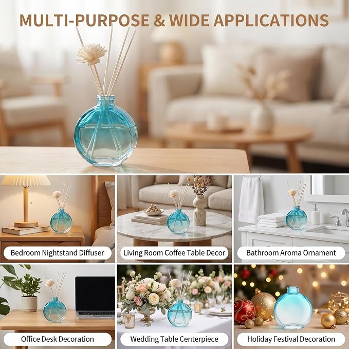 1 Pack 150ml/5oz Flat Round Blue Glass Reed Diffuser Bottles, Refillable Aromatherapy Essential Oil Bottles for Bathroom, Home & Office Decor
