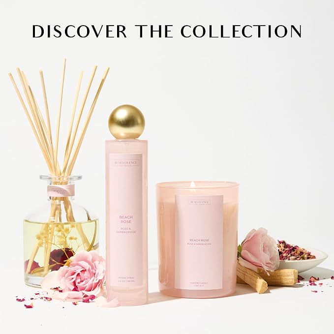 Rose & Sandalwood Scented Candle | 11oz, 60 Hour Burn | Natural Soy Wax, Cotton Wick | Soy Scented Candles for Home Fragrance | Benevolence LA Sun-Kissed Collection - Beach Rose