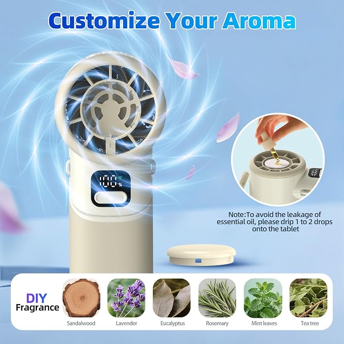 Portable Handheld Turbo Fan, 4000mAh Rechargeable Mini Personal Fan, 5 Speeds, USB-C 90° Adjustable Desk Fan, Aroma Diffuser, Up to 12H Cooling for Travel, Office, Makeup, Beach, Cream Beige