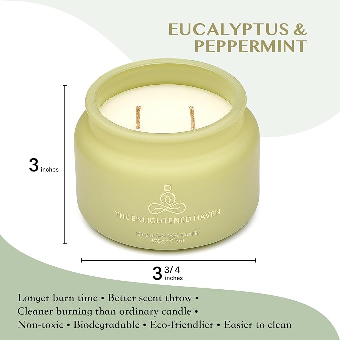 Eucalyptus and Peppermint Meditation and Yoga Candle for Healing Clarity and Rejuvenation - 50 Hour Clean Burning Soy Wax - 2-Wick Aromatherapy Focus Candle with Guided Materials- 9.5 oz
