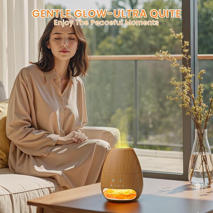 Ultrasonic Essential Oil Diffuser with Himalayan Salt Rock,Flame Diffuser with 7 LED Light,100ML Small Aromatherapy Oil Diffuser with Auto Off Function for Home, Office,Spa,Wooden Grain