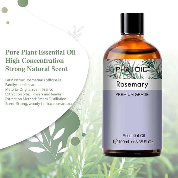PHATOIL 3.38FL.OZ Rosemary Essential Oil, for Aromatherapy Diffusers, Humidifiers, Great for DIY Candle and Soap Making, Huge 100ML Bottle