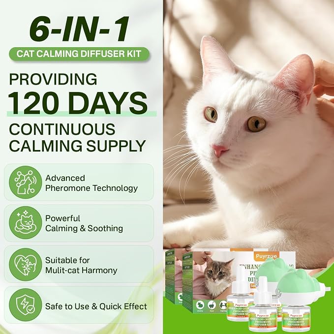 puyrzoe Cat Calming Diffuser with 3 Timing Functions, 6-in-1 Cat Pheromones Calming Diffuser Kit, 120-Day Anxiety Relief, Stress Reduction & Relaxation for All Cats (2 Diffusers + 4 Refills)