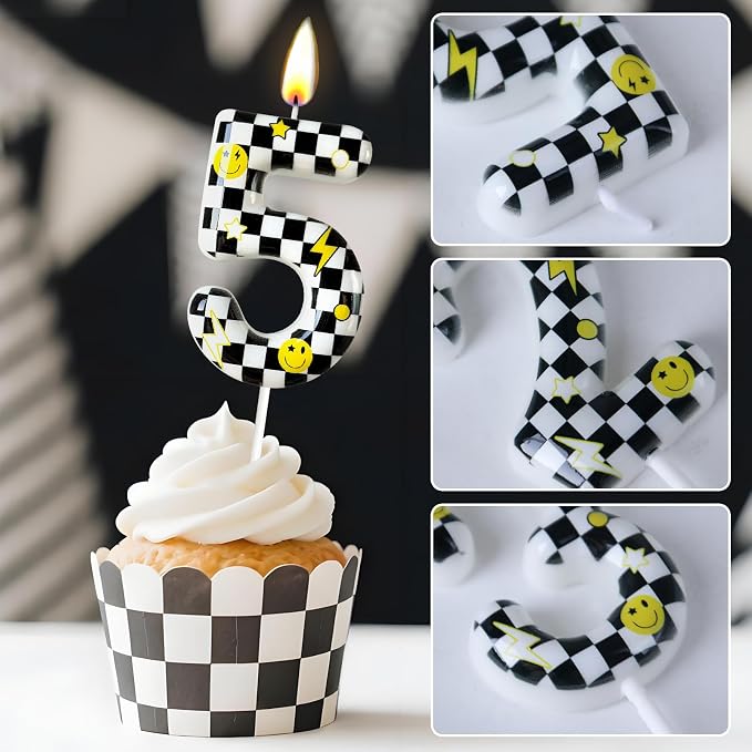 Number 5 Birthday Candle for Cake – Black White Checkered Smiley Design with Lightning & Star – Five Happy Dudes Theme Cake Topper for Birthday Party Decorations
