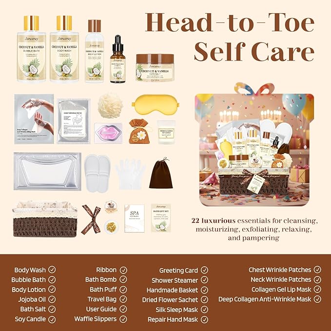 22PCS Spa Gift Baskets for Women, Luxury Bath and Body Gift Basket Set for Women Coconut Vanilla Spa Kit Relaxing Spa Self Care Gift for Her Wife Lover Mom Sister