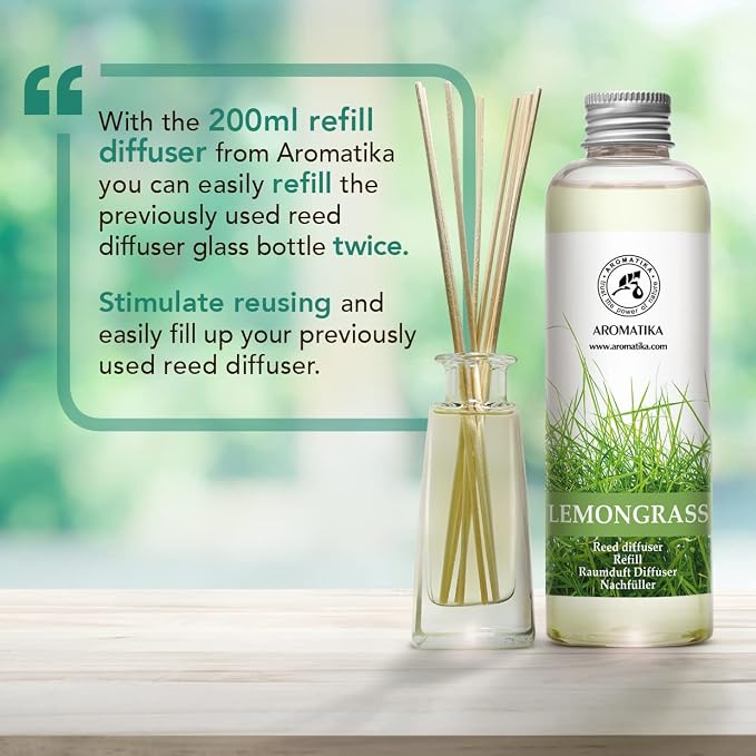 Lemongrass Reed Diffuser Refill, Natural Essential Lemongrass Oil 6.8 Fl Oz - Fresh & Long Lasting Fragrance - Best Reed Diffuser Oil Refill for Aromatherapy - Home - Office - Restaurant