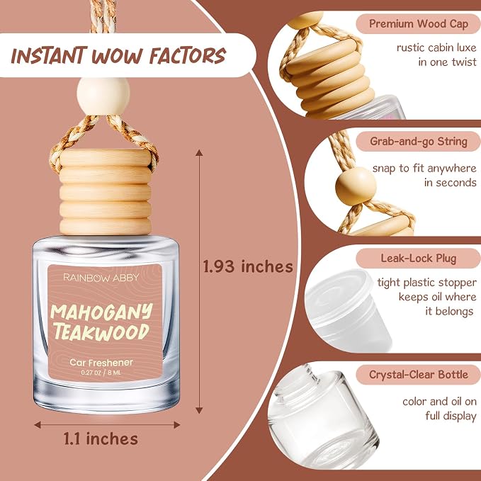 RAINBOW ABBY Hanging Car Air Freshener Diffuser 2 Pack - Mahogany Teakwood Fragrance Oil, 45+ Days Long Lasting, Essential Oil Diffuser for Car