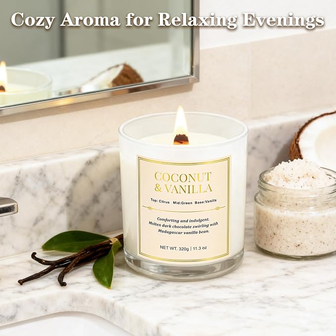 2 Pack Wood Wick Coconut & Vanilla Candle Gift Set – Long Lasting Soy Wax Candles with Gift Boxes, Holiday Aromatherapy Candles for Home Decor & Holiday Gifts