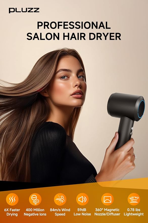 Professional Hair Dryer with Diffuser for Curly Hair, 400M Negative Ionic Blow Dryer for Fast Drying, 120,000 RPM High-Speed Brushless Motor Low Noise Lightweight, Travel-Friendly (Black)