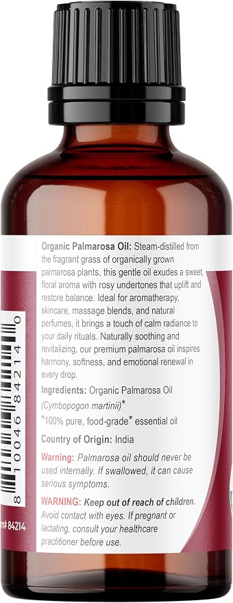 Viva Doria Palmarosa Essential Oil, USDA Certified Organic Palmarosa Oil, 100% Pure, Natural Essential Oil, Undiluted, for Aromatherapy | Food Grade, 30 mL (1 Fluid Ounce)