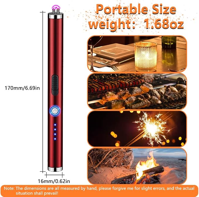 Electric Candle Lighter Rechargeable Plasma Flameless USB Lighter with Safety Lock Dual Arc LED Display for Grill Kitchen Camping (Red)