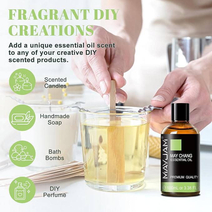 MAYJAM May Chang (Litsea Cubeba) Essential Oils 3.38 FL.OZ Pure May Chang Oil for Massage Skin Care Hair Care Diffuser Candle and Soap Making - 100ml