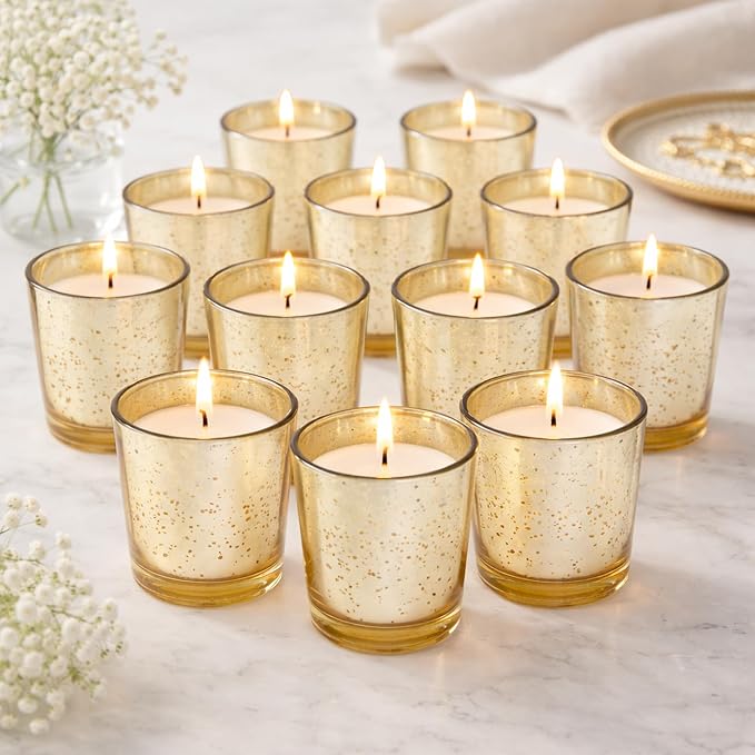 Hosley Set of 12 Gold Mercury Filled Glass Votive Candles. Ideal Gift for Weddings, Bridal Showers, Parties, Home Decor, and Special Events