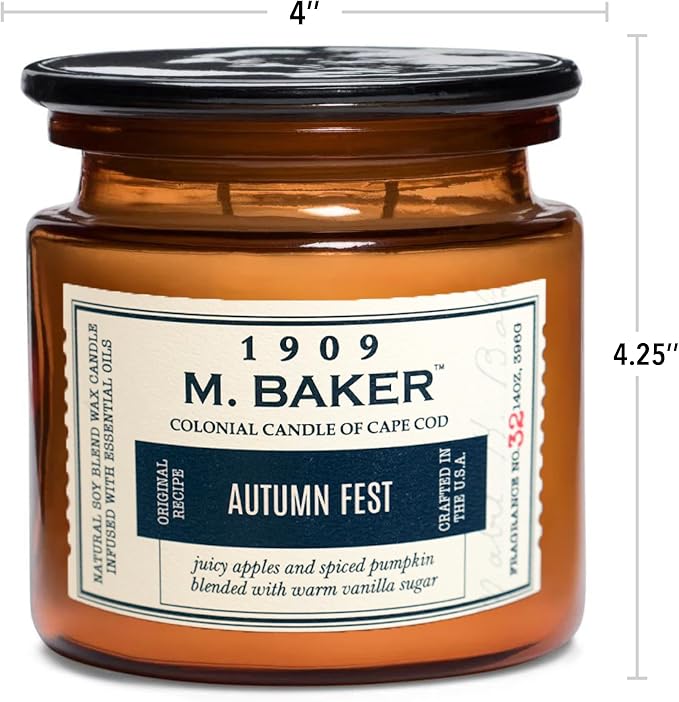 Colonial Candle Autumn Festival Scented Candle, 2-Wick Natural Soy Blend Wax Candle Infused with Essential Oils, 14 oz Apothecary Glass Jar Candle - Made in The USA