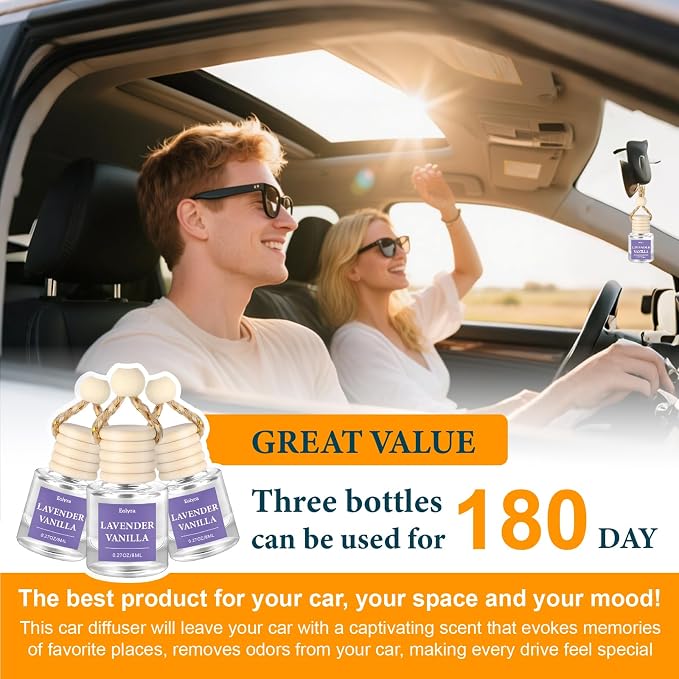 Hanging Car Air Freshener (Pack of 3) : Luxury Car Perfume for Women Men | Cute & Wooden Lid Reusable Bottle with 45+ Days Long-Lasting Scent for Auto Interio, Lavender vanilla