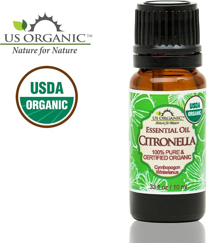 US Organic Citronella Essential Oil, Certified Organic, Pure & Natural, Improved caps and droppers. Used for Skin Care, DIY Projects Like Candle Making and Much More (10 ml.33 fl oz)