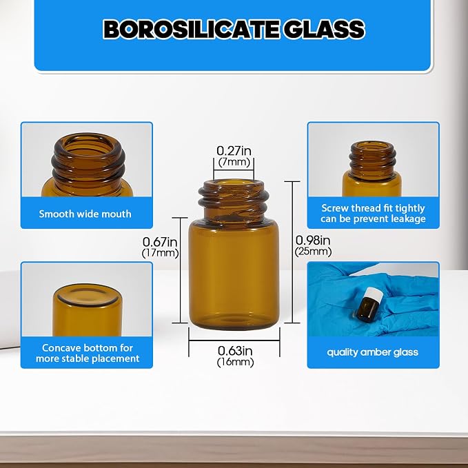 25PCS 2ml Amber Glass Vials with White Screw Caps and Plastic Stoppers, 1/2 Dram Leak-Proof Small Liquid Sample Bottles for Essential Oils, Perfumes, Reagents